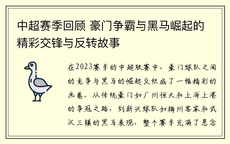 中超赛季回顾 豪门争霸与黑马崛起的精彩交锋与反转故事